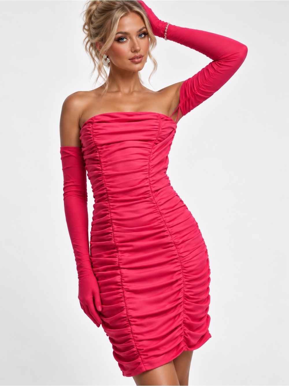 S by Serena Strapless Ruched Pink Bodycon Dress with Attached Gloves